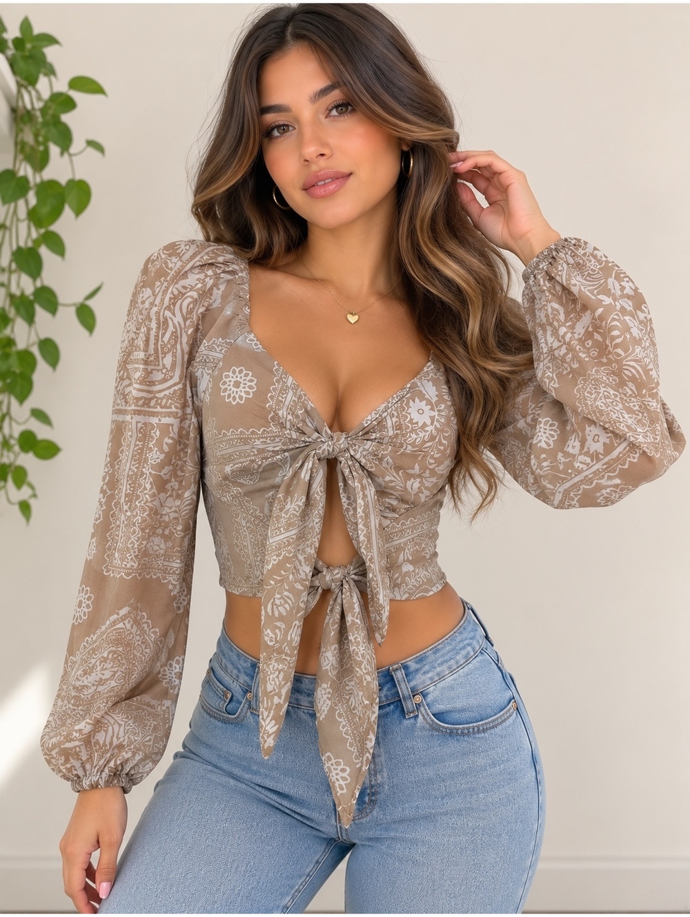 Boohoo Paisley Tie Front Crop Top Long Sleeve Boho Y2K